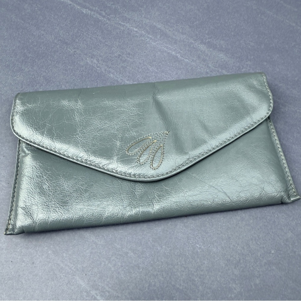 Vintage 1980s Grey Leather Stitched Clutch with Magnetic Closure